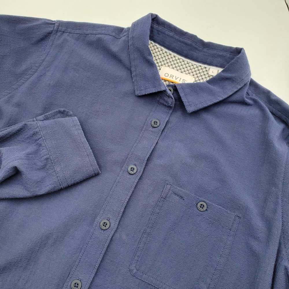 Orvis Women Navy Blue Textured Button Down Shirt Long Sleeve Pocket Vented L